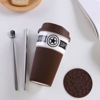 创意杯子陶瓷杯马克杯卡通情侣杯牛奶杯咖啡杯茶杯水杯带盖勺 棕色骷颅