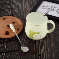 韩版可爱卡通恐龙鳄鱼马克杯学生儿童浮陶瓷带盖勺早餐牛奶杯子 军绿色鳄鱼(带玻璃吸管)带盖勺