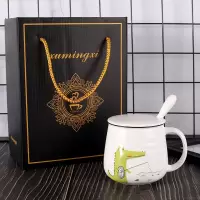 韩版可爱卡通恐龙鳄鱼马克杯学生儿童浮陶瓷带盖勺早餐牛奶杯子 白色鳄鱼礼品盒装带盖勺