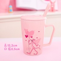 创意粉红顽皮豹子陶瓷情侣杯子带盖勺马克杯韩版女学生水杯早 粉色爱心翅膀豹