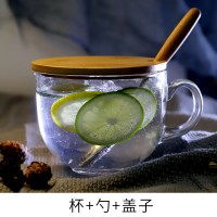 日式马克杯大容量玻璃杯子女办公室水杯花茶杯咖啡早餐牛奶杯带SD 2号+木把勺+竹盖