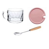 大口杯胖胖杯燕麦杯早餐杯大肚杯大号胖胖杯子玻璃日式酸奶杯奶茶 钻石杯+榉木勺+食品级PP粉盖(盖无漆味不发霉