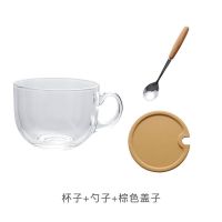 大口杯胖胖杯燕麦杯早餐杯大肚杯大号胖胖杯子玻璃日式酸奶杯奶茶 玻璃早餐杯+榉木勺+褐色PP盖子(加厚钢化款)