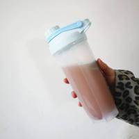 水杯女学生韩版防摔杯子健身运动搅拌杯蛋白粉摇摇杯子奶昔塑料杯 [大号700ml]蓝色+杯刷