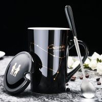 创意陶瓷杯子大容量水杯简约情侣杯带盖勺咖啡杯牛奶杯定制 双子座-黑