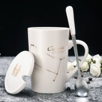 创意陶瓷杯子大容量水杯简约情侣杯带盖勺咖啡杯牛奶杯定制 双子座-白