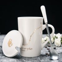 创意陶瓷杯子大容量水杯简约情侣杯带盖勺咖啡杯牛奶杯定制 天蝎座-白