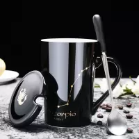 创意陶瓷杯子大容量水杯简约情侣杯带盖勺咖啡杯牛奶杯定制 天蝎座-黑