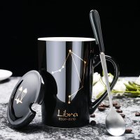 创意陶瓷杯子大容量水杯简约情侣杯带盖勺咖啡杯牛奶杯定制 天秤座-黑