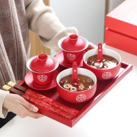 婚庆对碗筷新人改口敬茶杯套装一对喜碗陶瓷用品大全结婚托盘 敬茶杯+碗筷勺)一对+喜盘[彩盒简装]