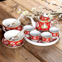 中国剪纸敬茶杯创意陶瓷婚庆茶壶结婚茶具套装新婚喜碗 1壶四杯托盘+喜碗（百年）