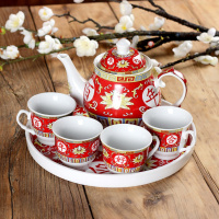 中国剪纸敬茶杯创意陶瓷婚庆茶壶结婚茶具套装新婚喜碗 1壶四杯托盘(百年)