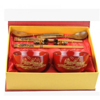 婚庆实木龙凤碗婚庆喜碗高档套装结婚结婚装结婚碗筷套装 铁木筷+全红鸳鸯碗