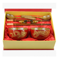 婚庆实木龙凤碗婚庆喜碗高档套装结婚结婚装结婚碗筷套装 镀铜红檀筷+内木外红龙凤碗