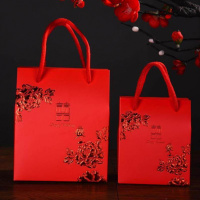 婚宴袋装喜糖小号小份包装袋手拎抽绳组合装百年东西手提袋盒子 烫红金牡丹花 [20个]大号配2根红绳