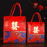 婚宴袋装喜糖小号小份包装袋手拎抽绳组合装百年东西手提袋盒子 烫金彩色小花 【100个】小号配1根红绳