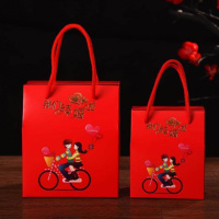 婚宴袋装喜糖小号小份包装袋手拎抽绳组合装百年东西手提袋盒子 恋爱单车款 [50个]小号配1根红绳