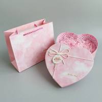 韩式爱心盒生日情人节礼品盒糖果巧克力幸运星包装盒桃心礼盒 粉心形大理石+袋子+碎纸 15*13*5.5CM小号