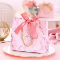 礼品袋子手提高档结婚喜糖手提小礼袋圣诞节糖果袋订婚用品备必品 粉理石+粉色丝带 小号-[手提袋-10个]