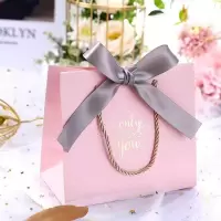 礼品袋子手提高档结婚喜糖手提小礼袋圣诞节糖果袋订婚用品备必品 粉色[只为你]+灰色丝带 小号-[手提袋-10个]