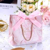 礼品袋子手提高档结婚喜糖手提小礼袋圣诞节糖果袋订婚用品备必品 粉理石+浅粉丝带 小号-[手提袋-10个]