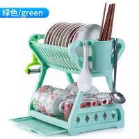 [多功能碗筷架]厨房用品沥水架碗碟架置物架收纳箱 [绿色] [高级款]带接水盘筷子笼无钢管