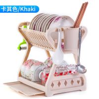 【多功能碗筷架】厨房用品沥水架碗碟架置物架收纳箱 【卡其】 【高配款-带钢管接水盘筷子笼】