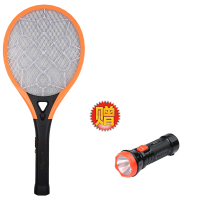 电蚊拍充电式家用锂电池超强力多功能两用电苍蝇拍诱灭蚊子拍蚊灯 桔色直插充电式送手电筒