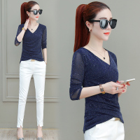 长袖T恤女春秋季2020新款女装内搭洋气打底衫蕾丝网纱黑色上衣潮