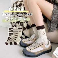 10双装英伦风袜子小熊条纹中筒秋冬新品袜子女简约百搭慵懒日系风潮