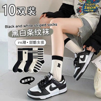 10双装高颜值袜子女韩版中筒袜ins潮百搭秋冬季学院风条纹运动袜