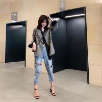 泫雅风格破洞牛仔裤+外套两件套小个子女2020春秋网红九分宽松潮ins