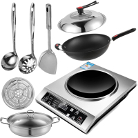 凹面电磁炉家用智能爆炒3500W凹型电磁炉黄金蛋大功率商用电池灶凹式 电磁炉+汤锅+炒锅+盖子+勺子+漏勺+铲子+蒸格