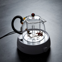 耐高温玻璃泡茶壶电陶炉煮茶器 蒸茶壶 景泰蓝手工黄金蛋烧水壶家用套装 玻璃侧把壶带小白电陶炉(旋转按纽)
