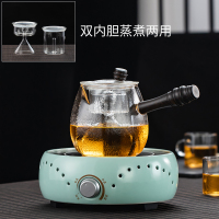 电陶炉煮茶器玻璃蒸茶壶蒸汽壶侧把黑茶壶锤纹黄金蛋小型家用全 实木把手锤纹八角鼓型蒸煮双用壶+GM-2088梅子青陶瓷电陶