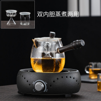 电陶炉煮茶器玻璃蒸茶壶蒸汽壶侧把黑茶壶锤纹黄金蛋小型家用全 实木把手锤纹八角鼓型蒸煮双用壶+GM-2088雅黑陶瓷电陶炉