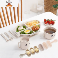 卡通儿童餐具套装分隔餐盘家用早餐盘子宝宝幼稚园分格盘饭团模具 飞机款4格8件套 北欧米 敬平