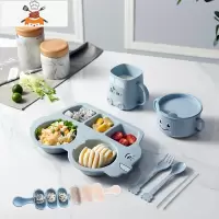 卡通儿童餐具套装分隔餐盘家用早餐盘子宝宝幼稚园分格盘饭团模具 汽车款5格8件套 北欧蓝 敬平