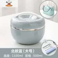 304不锈钢饭盒学生女带盖苹果型餐盒儿童防烫双层便当盒饭缸简约 北欧蓝(大号)送餐具+保温袋 敬平
