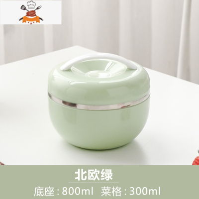 304不锈钢饭盒学生女带盖苹果型餐盒儿童防烫双层便当盒饭缸简约 北欧绿(小号) 敬平