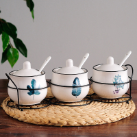 陶瓷调味罐厨房家用收纳盐罐商用盐罐糖罐佐料味精瓶饭店组合套装 敬平 绿植铁艺收纳调味罐三件套