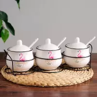 陶瓷调味罐厨房家用收纳盐罐商用盐罐糖罐佐料味精瓶饭店组合套装 敬平 火烈鸟铁艺收纳调味罐三件套