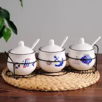 陶瓷调味罐厨房家用收纳盐罐商用盐罐糖罐佐料味精瓶饭店组合套装 敬平 海洋铁艺收纳调味罐三件套