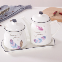 陶瓷调料瓶厨房家用醋壶酱油瓶油壶辣椒油罐味精盐调味罐组合套装 敬平 彩羽毛B