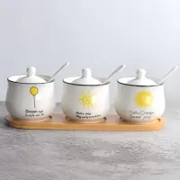 陶瓷调味罐套装厨房用品佐料瓶家用盐味精组合装调味瓶带盖勺铁架 敬平 小太阳三件套木托盘