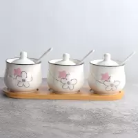 陶瓷调味罐套装厨房用品佐料瓶家用盐味精组合装调味瓶带盖勺铁架 敬平 幸运草语三件套木托盘