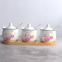 陶瓷调味罐套装厨房用品佐料瓶家用盐味精组合装调味瓶带盖勺铁架 敬平 玫瑰花语三件套木托盘
