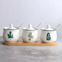 陶瓷调味罐套装厨房用品佐料瓶家用盐味精组合装调味瓶带盖勺铁架 敬平 绿叶三件套木托盘