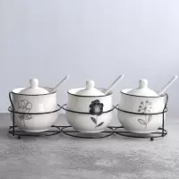 陶瓷调味罐套装厨房用品佐料瓶家用盐味精组合装调味瓶带盖勺铁架 敬平 黑玫瑰调味罐三件套铁架