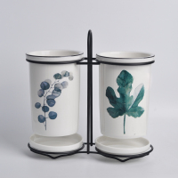 北欧陶瓷筷子厨房家用收纳盒桶平放筷子勺子笼家置物架筒沥水筷篓 敬平 尤加利叶筷子筒+绿枫叶筷子筒手提筷笼